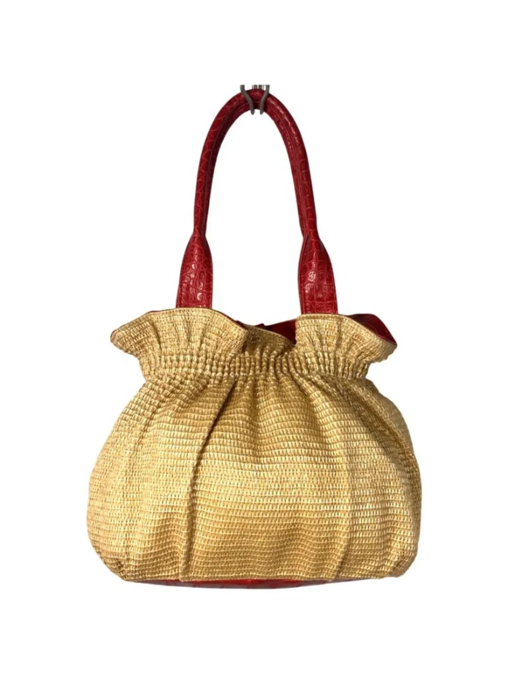 Vintage Bueno Tan Woven Straw Red Faux Leather Flower Satchel Purse Summer Bag